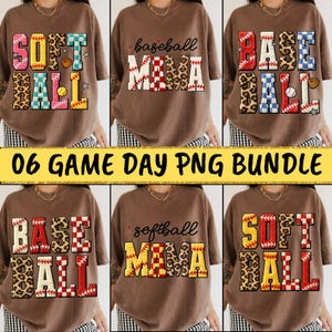 May include: A collection of six brown t-shirts with baseball and softball-themed designs. Each shirt features the words "SOFTBALL," "BASEBALL," or "MAMA" in various colors and patterns, including leopard print and baseball stitching. The text "06 GAME DAY PNG BUNDLE" is also present.