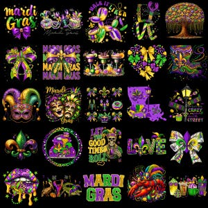 以下が含まれることがあります： 黒い背景に、活気に満ちたマルディグラをテーマにしたグラフィックのコレクション。 マスク、リボン、フルール・ド・リス、「Mardi Gras」や「Let the Good Times Roll」などのテキストが含まれています。 色は紫、緑、金です。