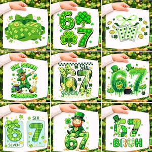 Op de afbeelding: Een verzameling ontwerpen met het thema St. Patrick's Day, met de nummers 6 en 7. De ontwerpen bevatten dobbelstenen, klavers, speelkaarten, kabouters en de woorden "Six Seven" en "Bruh" in groen en wit.