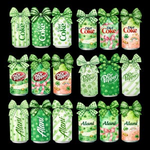 May include: A collection of Diet Coke, Dr. Pepper, and Alani cans decorated for St. Patrick's Day. Each can is adorned with a green bow and shamrock designs. Some cans feature rainbows and pink ribbons, creating a festive and celebratory theme.