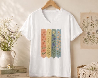 女性用花柄VネックTシャツ、ボヘミアンスタイルTシャツ、夏のトップスに最適、お母さんへのギフト、スタイリッシュな花柄グラフィックシャツ、春のファッション