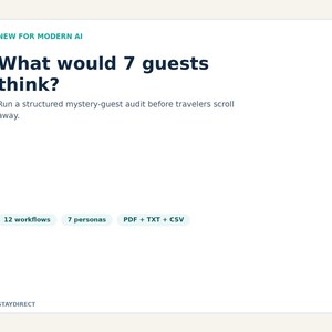 May include: A white rectangular graphic with a teal vertical stripe on the left. Text reads: NEW FOR MODERN AI, What would 7 guests think?, Run a structured mystery-guest audit before travelers scroll away. Buttons show: 12 workflows, 7 personas, PDF + TXT + CSV. Bottom text: STAYDIRECT.