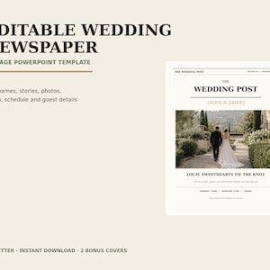 Puede incluir: Una plantilla de periódico de boda editable de 10 páginas en PowerPoint con el texto EDITABLE WEDDING NEWSPAPER y una portada titulada THE WEDDING POST que muestra una foto de una pareja en un camino, con espacio para nombres y detalles.
