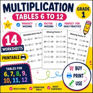 May include: A set of 14 printable multiplication worksheets for grade 1, featuring tables 6 to 12. The pages include exercises for missing factors, with text such as Multiplication, Tables 6 to 12, Missing Factor 7, and Missing Factor 8 visible.
