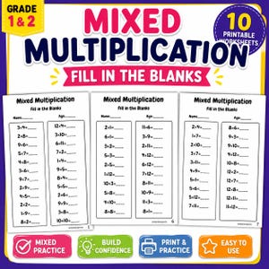 May include: A set of 10 printable mixed multiplication worksheets for grades 1 and 2, featuring fill-in-the-blank maths problems. The pages include columns of equations with blank lines for answers, labelled with page numbers and educational practice icons.