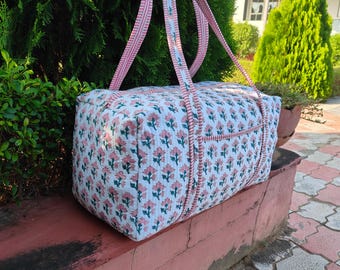 Cotton Quilted Duffle Bag, Block Print Weekender , Handmade Travel Bags, Boho Overnight Bag, Gym Duffel, Gift for Her