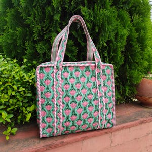 Bolso de mano acolchado, bolso de mano de algodón con estampado de bloques, bolso de hombro bohemio hecho a mano, bolso grande para el día a día, bolsa de compras reutilizable