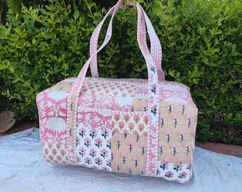 otton Quilted Patchwork Duffle Bag, Handmade Travel Weekender , Floral Overnight Bags, Block Print Gym Bag, Boho Carry On Tote