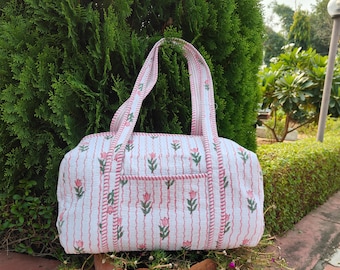 Bolsa de fin de semana acolchada, bolsa de lona estampada hecha a mano, bolsos de hombro de tamaño estándar con estampado de bloques, bolsa de almacenamiento de algodón.