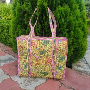 Handprinted Quilted Cotton Tote Bag: Reversible Floral Kantha Bag