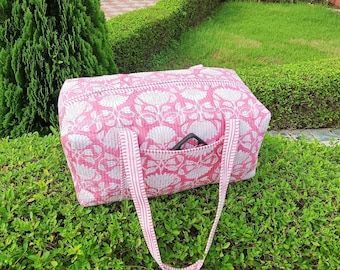 Quilted Duffle Bag, Handmade Cotton Travel Bags, Block Print Weekender , Overnight Gym Bag