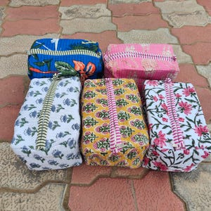 5 Pcs Mix Lot Indian Cotton Quilted Block Printed Makeup Bag Vintage Indian block Print Large Toiletry Bag, Colorful Make Up Bag