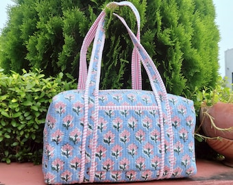 Block Print Floral Quilted Duffle Bag: Boho Weekender Travel Bag set of 10 pc