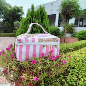 Block Printed Floral Cotton Toiletry Bag: Quilted Travel Organizer