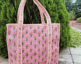 Handmade Quilted Cotton Tote Bag: Block Print Eco-Friendly Carryall