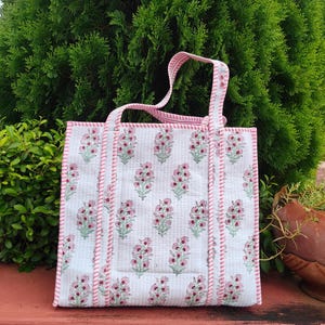 Handmade Quilted Cotton Tote Bag: Block Print Boho Carryall