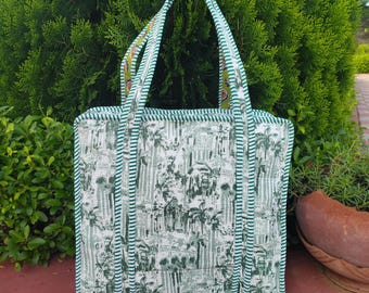Handblock Drucken Baumwolle Quilted Einkaufstasche: Indische Blumen Jhola Tasche