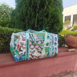 Quilted Patchwork Duffle Bag, Floral Cotton Weekender, Indian Block Print Travel Bag