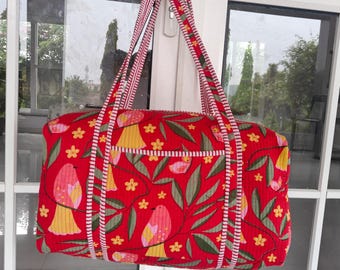 Floral Weekender Bags Block printed Cotton Quilted Fabric Large Overnight Bags For Women