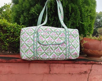 Handmade Cotton Quilted Duffle Bag | Boho Floral Weekender Bags | Indian Block Print Travel Bag
