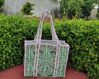 Handmade Cotton Quilted Tote Bag: Reversible Patchwork Shoulder Bag