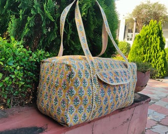 Quilted Cotton Duffle Bag | Indian Block Print Weekender | Lightweight Gym & Overnight Bag
