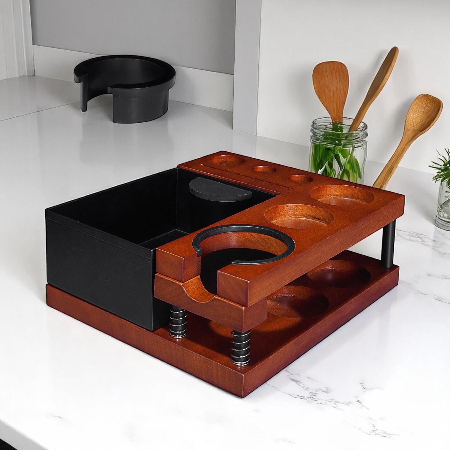 Handcrafted double-layer solid wood knock box with spring design, coffee tamping stand and handle base for espresso accessories.