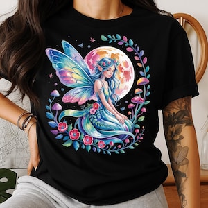 Watercolor Moon Fairy PNG | Magical Fantasy Clipart | Whimsical Elf with Flowers and Mushrooms Digital Art