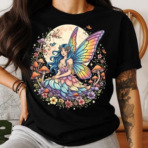 Watercolor Moon Fairy PNG | Magical Fantasy Clipart | Whimsical Elf with Flowers and Mushrooms Digital Art