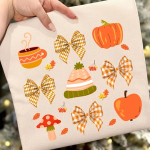 Fall Coquette PNG Bundle, Autumn Bow Clipart, Pumpkin Apple Mushroom Mug Beanie PNG, Preppy Fall Elements, Thanksgiving Sublimation Download