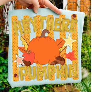 Peut inclure: Un t-shirt bleu clair avec une impression graphique portant le texte HEY THERE PUMPKIN en jaune. Le motif comprend une grosse citrouille orange, une pomme rouge, des glands marron, des feuilles d'automne jaunes et rouges et deux étoiles jaune clair.