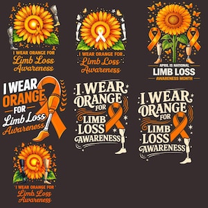 Puede incluir: Varios diseños con el texto "Llevo naranja por la concienciación sobre la pérdida de extremidades" se muestran. Los diseños presentan girasoles, cintas naranjas y piernas protésicas. También está presente la frase "Abril es el mes nacional de concienciación sobre la pérdida de extremidades".