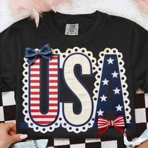 USA Faux Patchwork PNG, 4th of July Lace Letters Sublimation, Coquette Patriotic Bow Shirt Design, Patriotic Png, American Flag Graphic