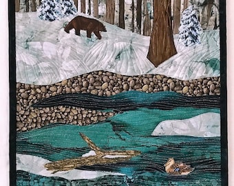 Landscape Quilt, Art Quilt, Eagles, Bear, Ducks, Snow, Forest, Winter