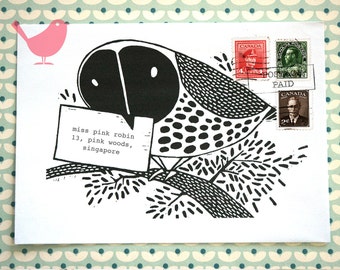 Set of five owl envelopes- print from a series of bird theme lino-cuts