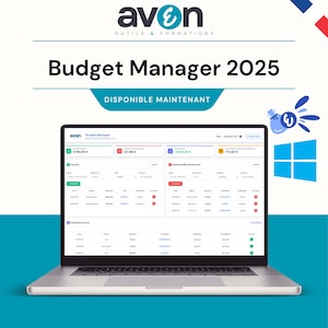 Può includere: Un laptop che mostra l'interfaccia del software "Budget Manager 2025". Lo schermo mostra dati finanziari con il testo "DISPONIBLE MAINTENANT" e il logo Avon. L'interfaccia mostra informazioni su entrate e spese.