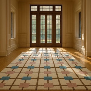 May include: A rectangular area rug with a geometric pattern of brown lines and alternating blue and pink squares. The rug is beige and lies on a hardwood floor in a room with large wooden doors and windows.