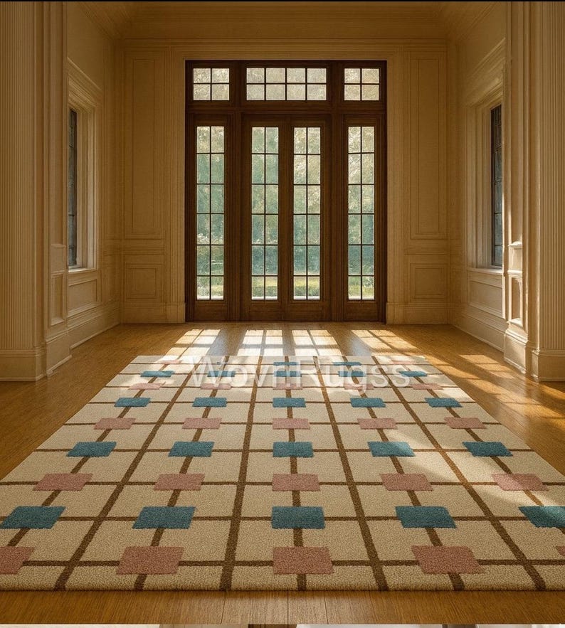 May include: A rectangular area rug with a geometric pattern of brown lines and alternating blue and pink squares. The rug is beige and lies on a hardwood floor in a room with large wooden doors and windows.