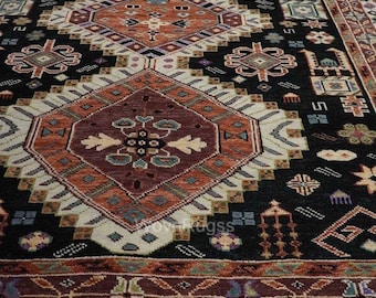Hand-Knotted Tribal Black Rug – Oriental Wool Area Carpet