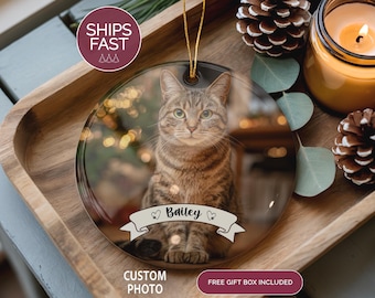May include: A round, clear glass ornament with a photo of a tabby cat named Bailey. The ornament hangs from a gold string. The ornament is on a wooden tray with a lit candle, pine cones, and greenery.