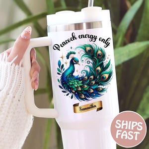 Custom Peacock 40oz tumbler with handle, Blue peacock tumbler, peacock tumbler, Peacock travel cup,peacock straw cup,peacock cup,peacock mug