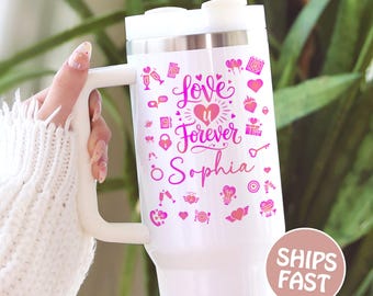 Personalized Name Love Quote Tumbler 40oz, Pink Love Doodle Cup, Gift For Her, Valentines Gift, Anniversary, Romantic Illustration, Love Cup