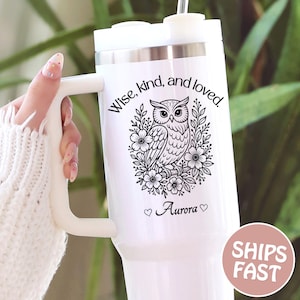 Custom Owl 40oz tumbler with handle, Owl cup, Owl tumbler, Owl lover gift, Gift for owl lover, Custom animal tumbler, Owl gift for girls