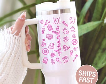 Dental Tumbler 40oz, Personalized Dental Hygienist Cup, Pink Dental Icons Gift, Modern Medical Aesthetic, Dental Student Graduation Gift
