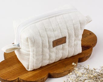 Gesteppte Leinen Kosmetiktasche Makeup Beutel Minimalist Kulturbeutel Handgefertigter Reißverschluss Organizer Natürlicher Stoff Reiseaufbewahrung Zubehör