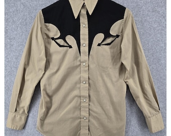 Vtg 70s Dee Cee Western Wear Pearl Snap Shirt Men's 36 13/14 Tan Black Cowboy