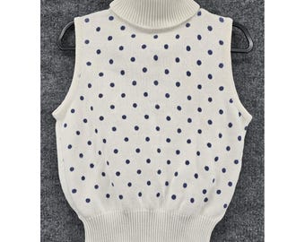 Vtg LeRoy Knitwear Sweater Vest Women XL White Blue Polka Dot Turtleneck USA