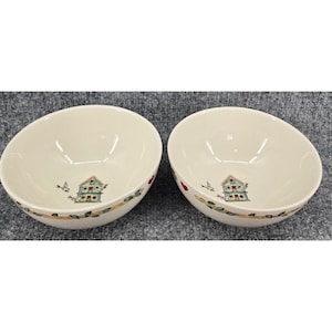 Vtg Thomson Pottery Birdhouse Cereal Bowls Set of 2 Cream Hearts 6" Country Folk