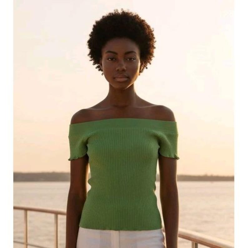 Vtg Energie Juniors XL Green Off Shoulder Top Shirt Fitted Ribbed Y2K Stretch image 1