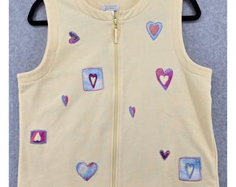 Vtg Y2K Christopher Banks Yellow Zip Knit Vest Women's S Embroidered Hearts Love